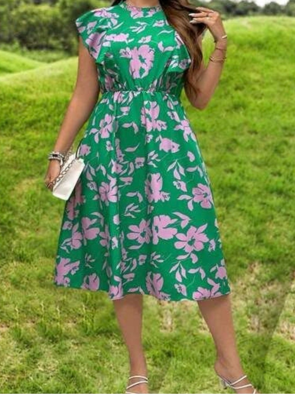 Green Floral Midi Dress with Pink Bloom Print by
